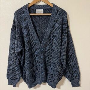 Vintage 80s JJ Cochran Fuzzy Button Cardigan Blue Black V Neck Kurt Cobain USA-L